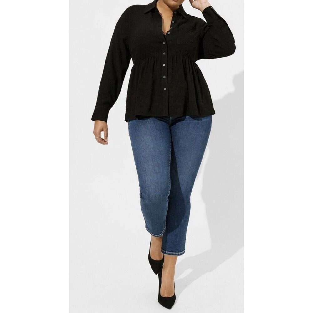 Torrid Peplum Crinkle Flannel Gauze Button Up Top Black Size 3